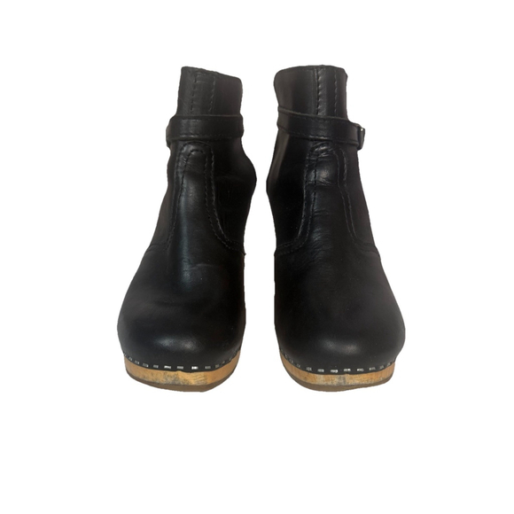 Swedish Hasbeens Jodhpur Toffel Wood Clog Black Leather Strap Boots - Picture 10 of 16